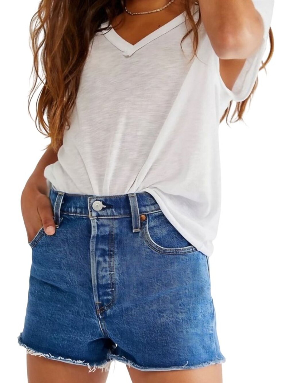 Levi's Ribcage Denim Jean Shorts Classic Raw Hem 5 Pocket Button Fly Size 29